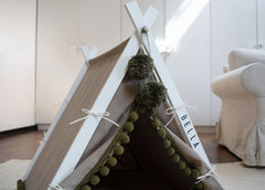 Boho Khaki Dog Teepee Bed. Personalized Pug, Frenchie Gift. Custom Japandi Pet Tent