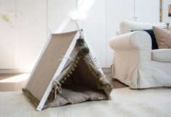 Boho Khaki Dog Teepee Bed. Personalized Pug, Frenchie Gift. Custom Japandi Pet Tent