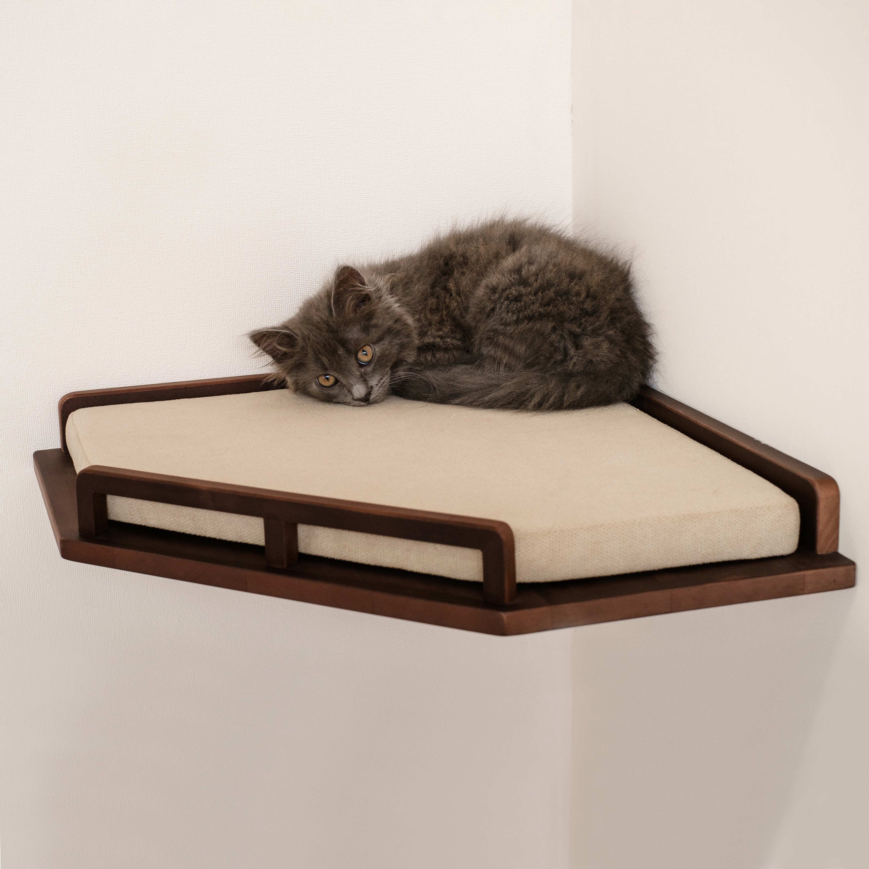 Corner Cat Shelf with Pillow, Wall-Mounted Cat Bed, Large Cat Perch