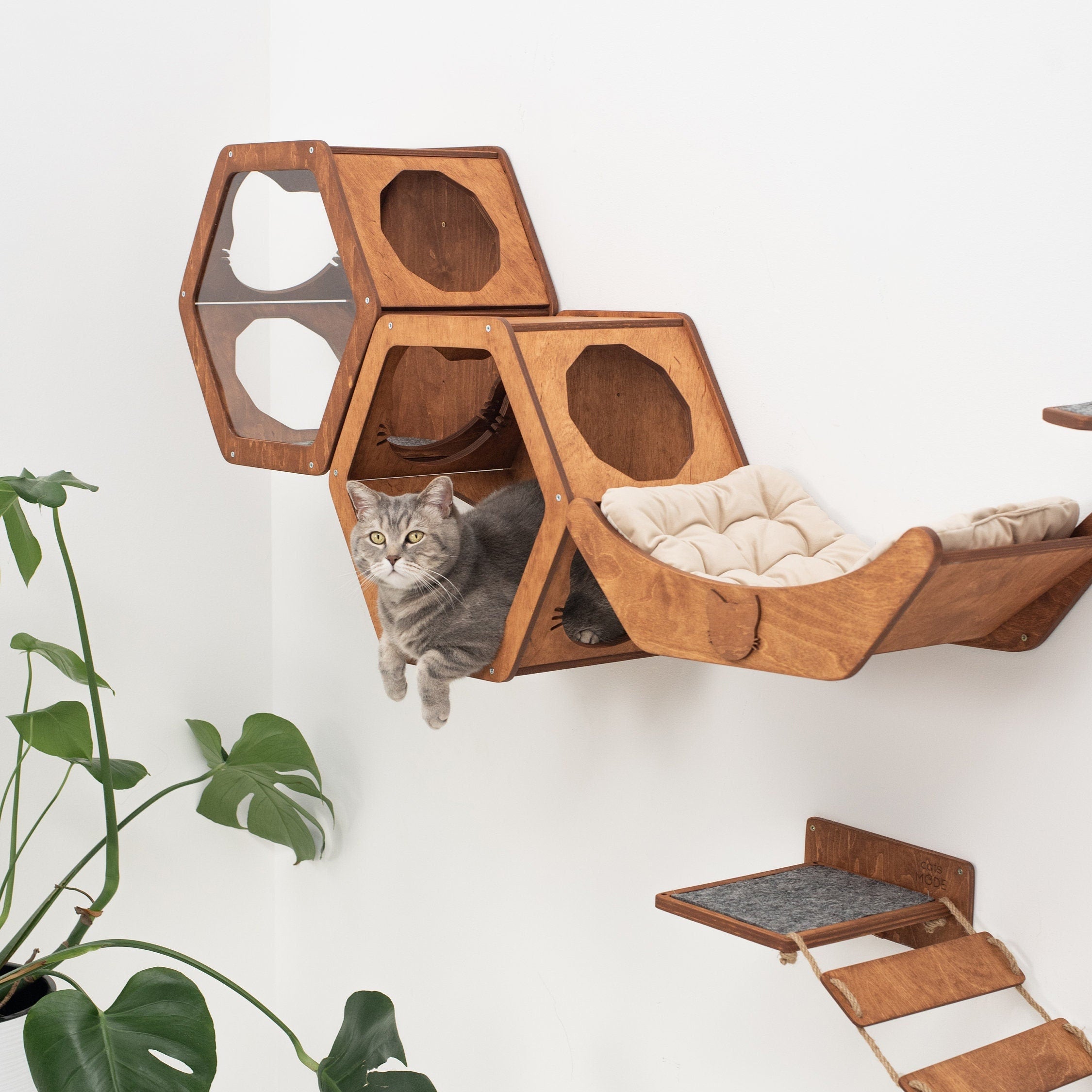 Cat Wall Shelves, Hexagon Cat Furniture, Wood Cat Climbing Shelves