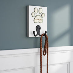Personalised Peacock Double Hook Dog Lead Holder with Coloured Paw Surround