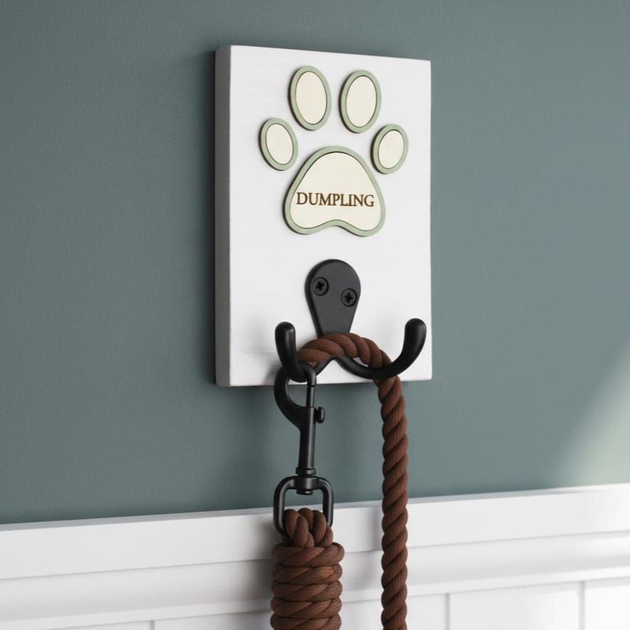 Personalised Peacock Double Hook Dog Lead Holder with Coloured Paw Surround