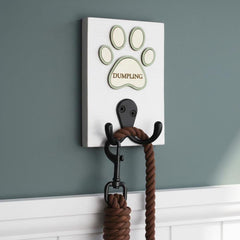Personalised Peacock Double Hook Dog Lead Holder with Coloured Paw Surround