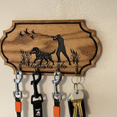 Oak Wood Leash Holder with Labrador Silhouette and Four Hooks