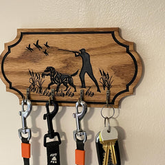 Oak Wood Leash Holder with Labrador Silhouette and Four Hooks