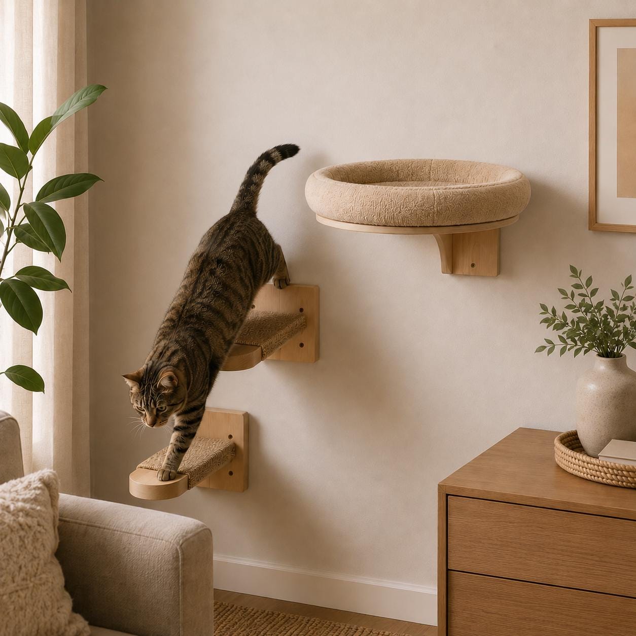 Wall Mounted Cat Bed Set with Wooden Climbing Shelves Minimalist Cat Furniture for Indoor Cats Beige Modern Pet Wall Perch Lounge Decor