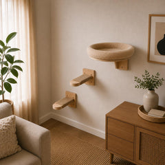 Wall Mounted Cat Bed Set with Wooden Climbing Shelves Minimalist Cat Furniture for Indoor Cats Beige Modern Pet Wall Perch Lounge Decor