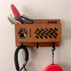 Dog Leash Holder and Organizer with 3 Wall Hooks and Storage