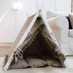 Boho Khaki Dog Teepee Bed. Personalized Pug, Frenchie Gift. Custom Japandi Pet Tent