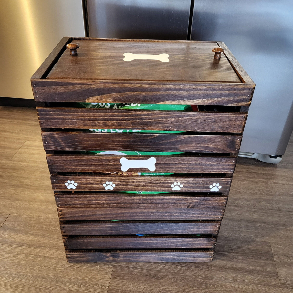 Dog Food Storage Bin - Wooden Pet Food Container - Walnut Pet Furniture
