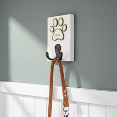 Personalised Peacock Double Hook Dog Lead Holder with Coloured Paw Surround