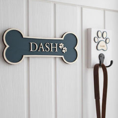Personalised Peacock Double Hook Dog Lead Holder with Coloured Paw Surround