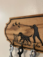 Oak Wood Leash Holder with Labrador Silhouette and Four Hooks