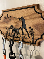 Oak Wood Leash Holder with Labrador Silhouette and Four Hooks