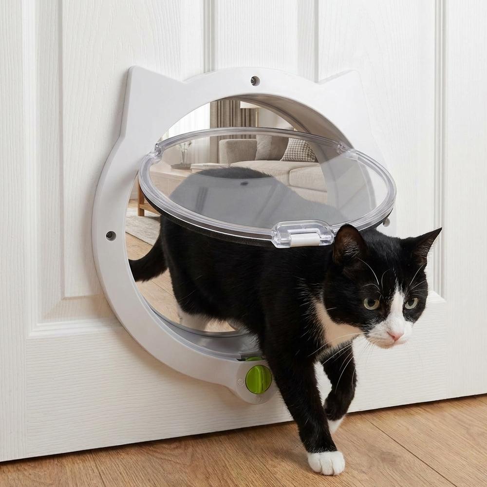 4-Way Locking Cat Door, Cat-Shaped Pet Flap for Interior Exterior Doors, Durable ABS PC Material, Large 21cm Opening, Secure Pet Entry&Exit