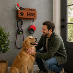Dog Leash Holder and Organizer with 3 Wall Hooks and Storage