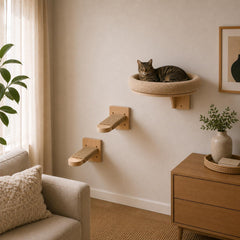 Wall Mounted Cat Bed Set with Wooden Climbing Shelves Minimalist Cat Furniture for Indoor Cats Beige Modern Pet Wall Perch Lounge Decor
