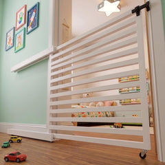 Sliding Baby Gate and Wooden Geometric Dog Barrier for Doorways & Stairs