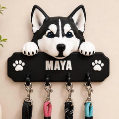 Personalized Husky Leash Holder | Custom Dog Leash Rack | Siberian Husky Wall Organizer | Pet Leash & Key Holder
