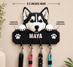 Personalized Husky Leash Holder | Custom Dog Leash Rack | Siberian Husky Wall Organizer | Pet Leash & Key Holder